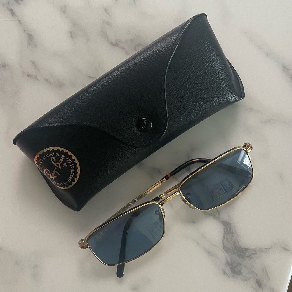 Ray-Ban Gold Frame Rectangular Sunglasses with Black Case
